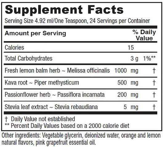 Vitanica Daily Calm Tonic label close-up highlights organic ingredients for calm support.
