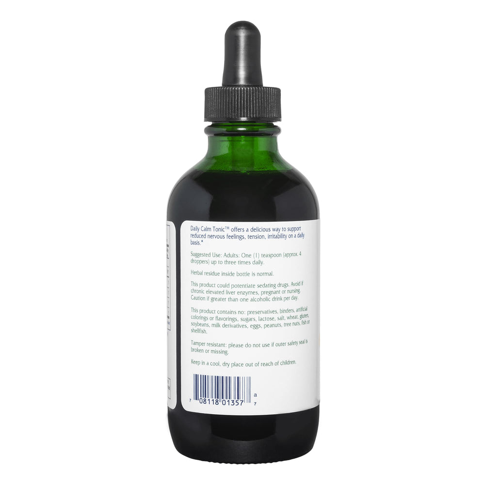 Closeup of Vitanica Daily Calm Tonic label highlighting ingredients