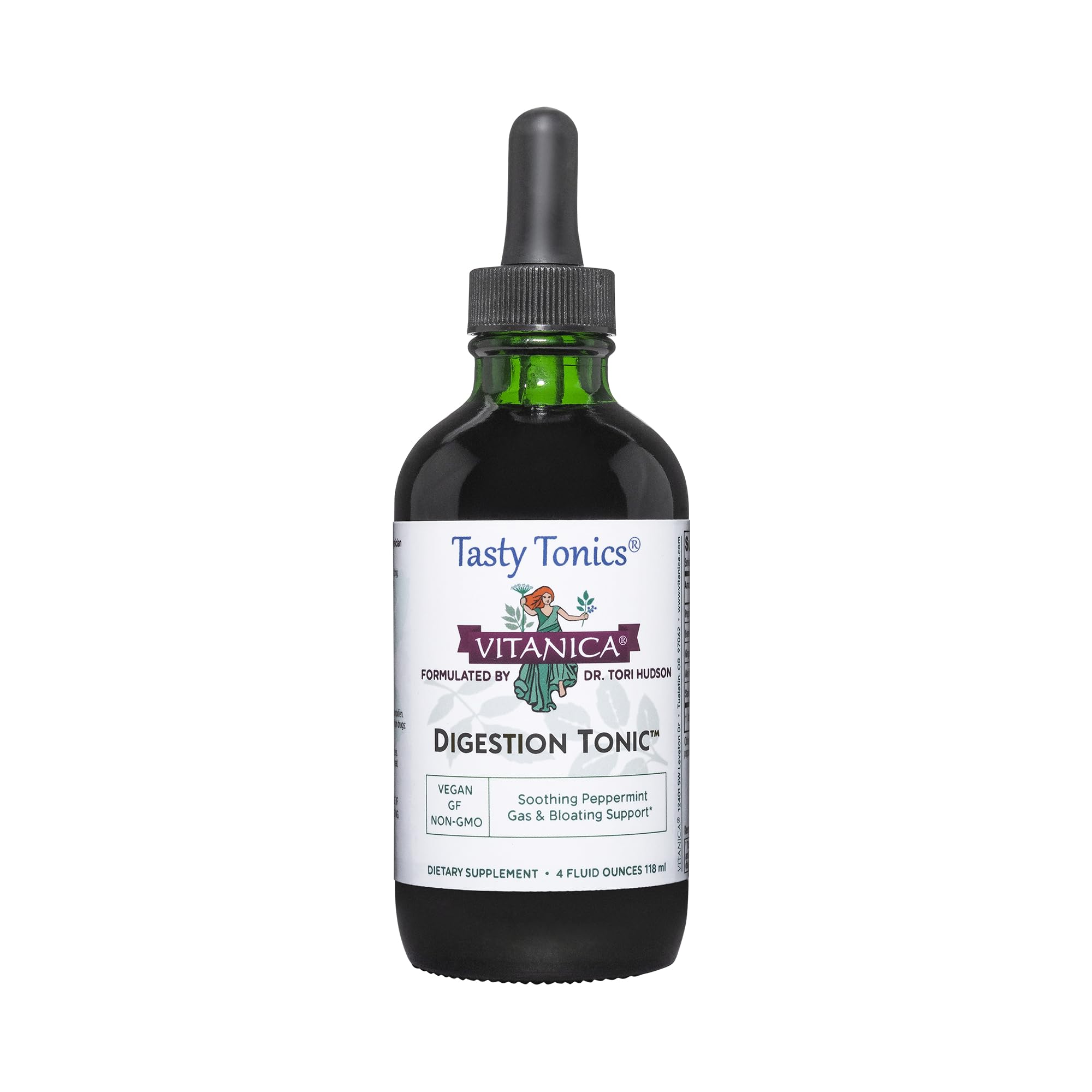 Vitanica Digestion Tonic bottle label shows peppermint-based digestive support.