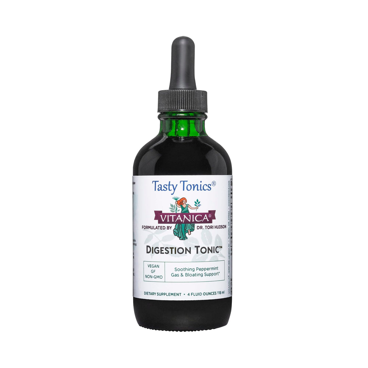 Vitanica Digestion Tonic bottle label shows peppermint-based digestive support.
