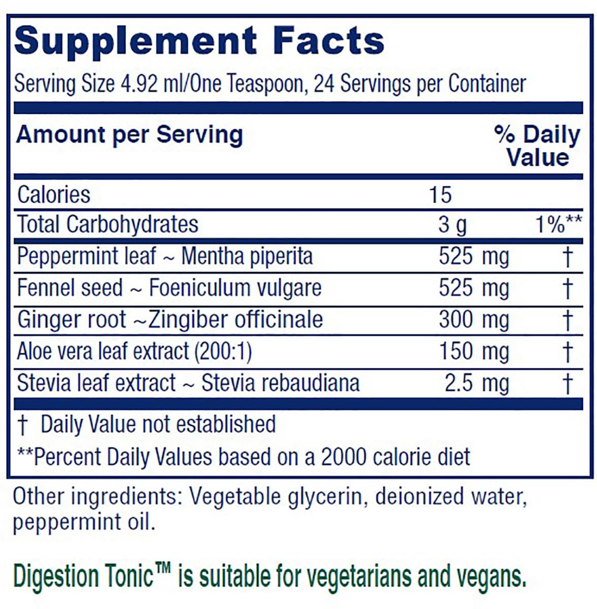 Close-up of the Vitanica Digestion Tonic label showing peppermint, fennel, ginger, and aloe ingredients.