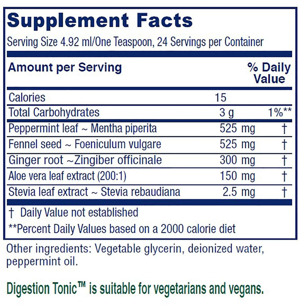 Close-up of the Vitanica Digestion Tonic label showing peppermint, fennel, ginger, and aloe ingredients.
