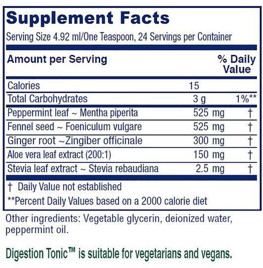 Close-up of the Vitanica Digestion Tonic label showing peppermint, fennel, ginger, and aloe ingredients.