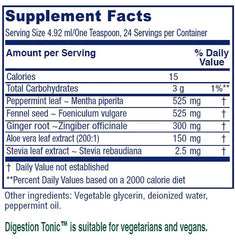 Close-up of the Vitanica Digestion Tonic label showing peppermint, fennel, ginger, and aloe ingredients.