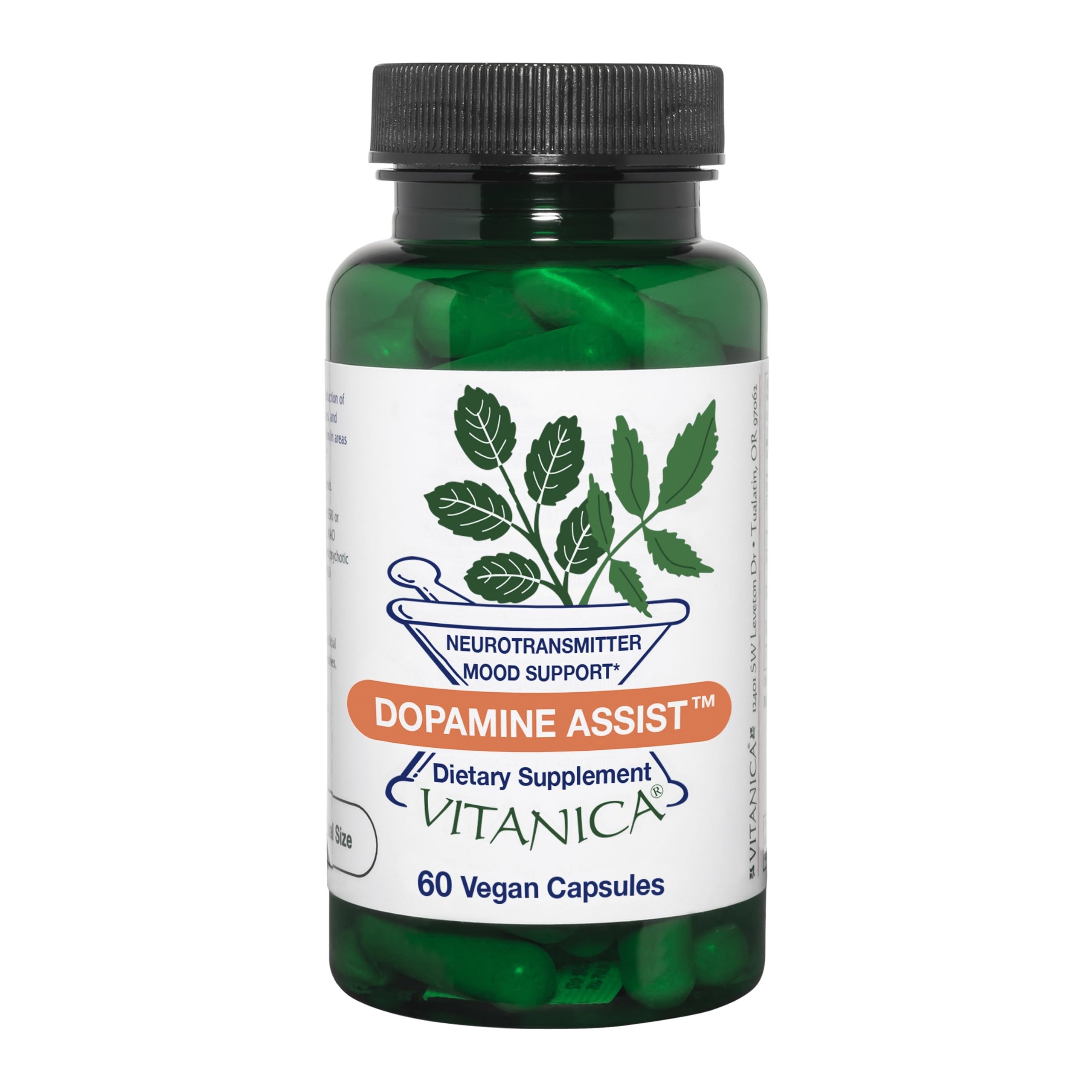 Vitanica Dopamine Assist bottle labeled for natural mood support and focus.