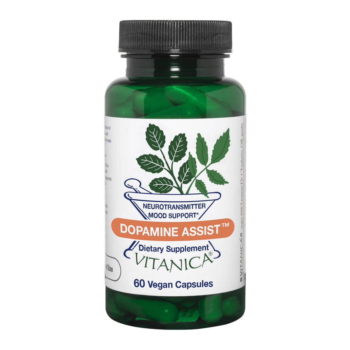 Vitanica Dopamine Assist bottle labeled for natural mood support and focus.