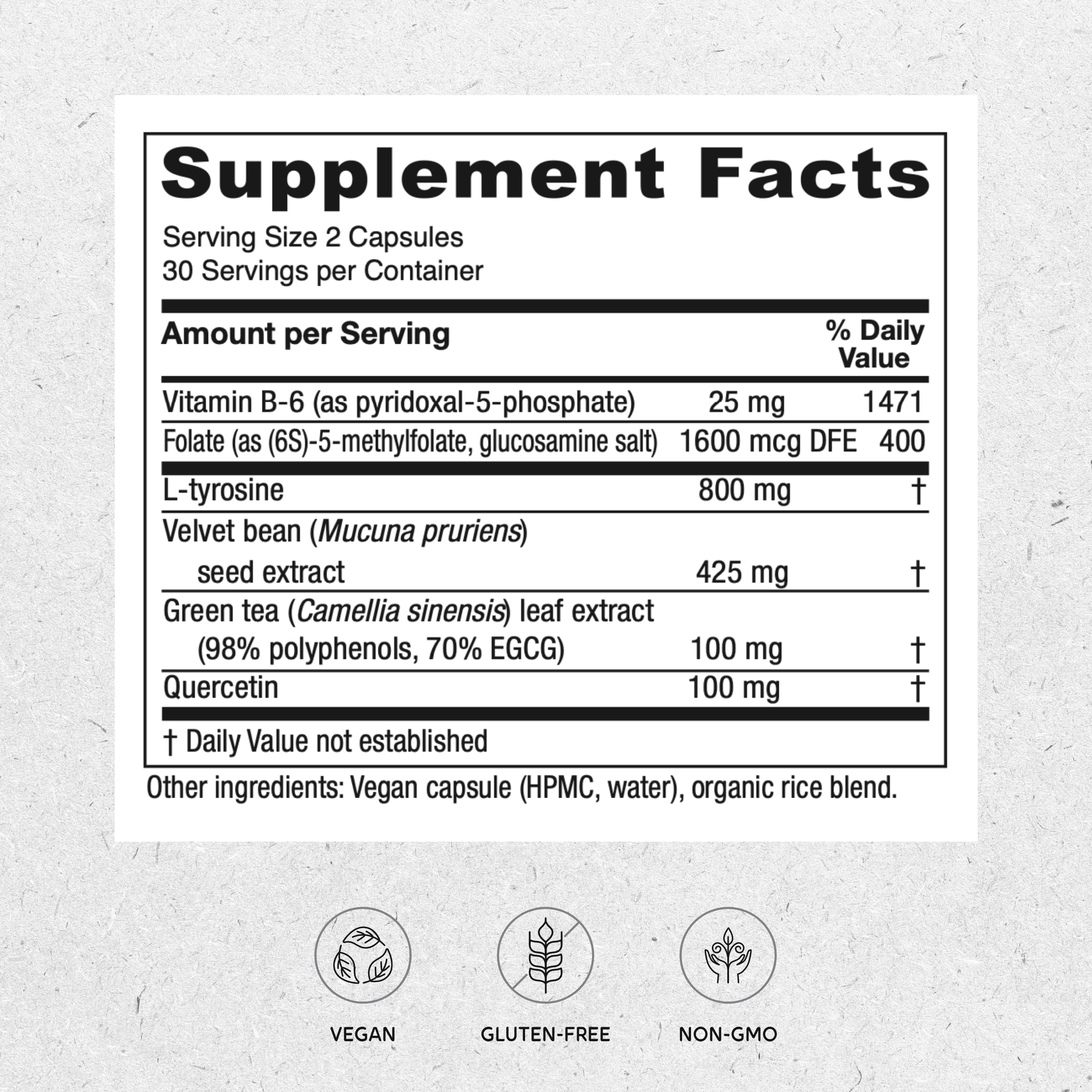 Vitanica Dopamine Assist capsules close-up highlighting velvet bean and L-tyrosine ingredients for balance.
