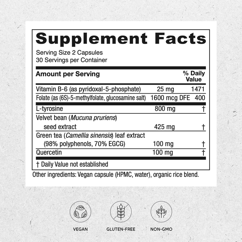 Vitanica Dopamine Assist capsules close-up highlighting velvet bean and L-tyrosine ingredients for balance.