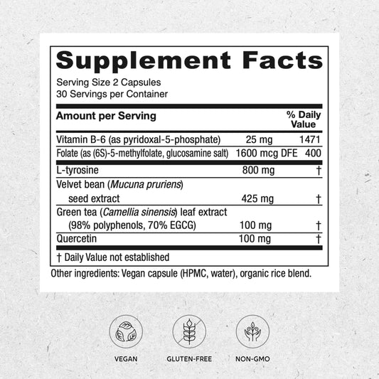 Vitanica Dopamine Assist capsules close-up highlighting velvet bean and L-tyrosine ingredients for balance.