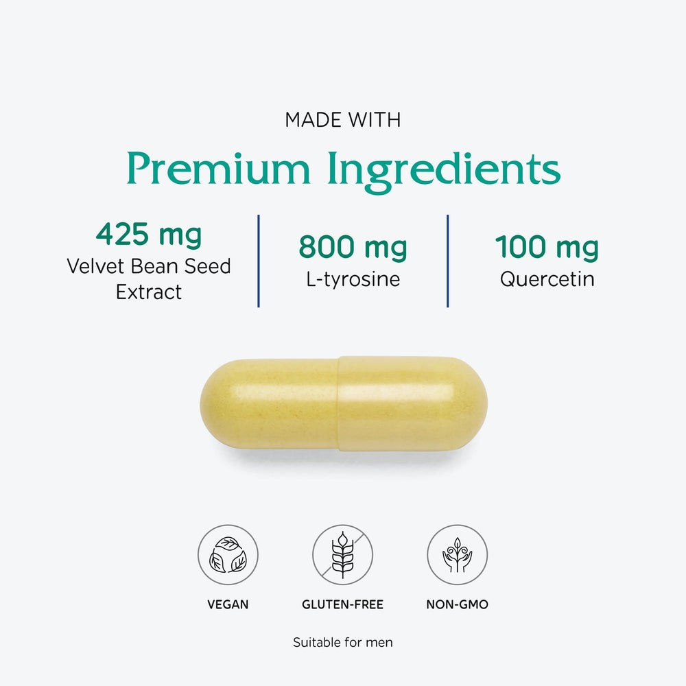 Vitanica Dopamine Assist ingredients list graphic with L-Tyrosine and green tea for synergy.