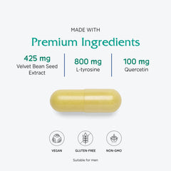 Vitanica Dopamine Assist ingredients list graphic with L-Tyrosine and green tea for synergy.