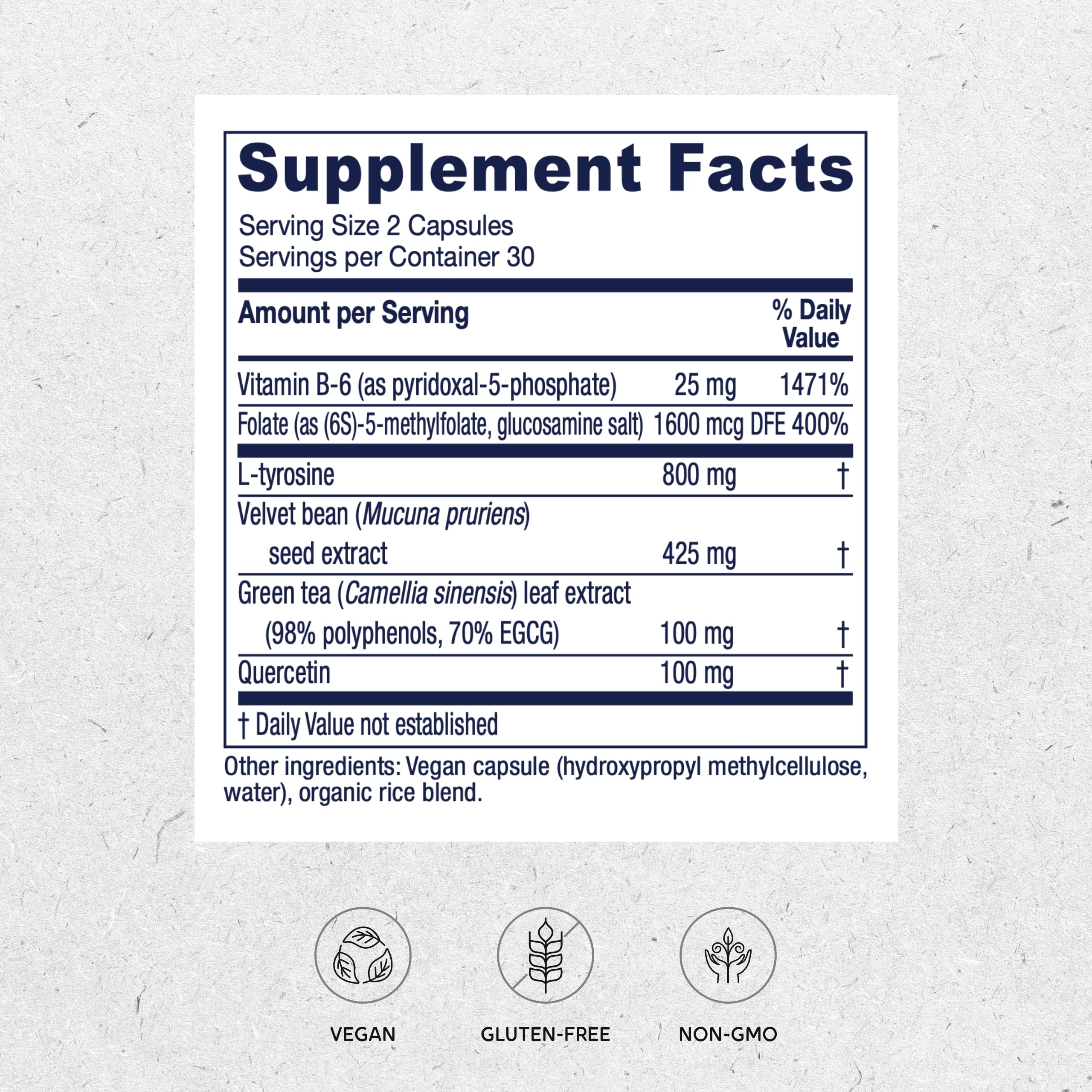 Vitanica Dopamine Assist label closeup highlighting Doctor-formulated vegan capsules.