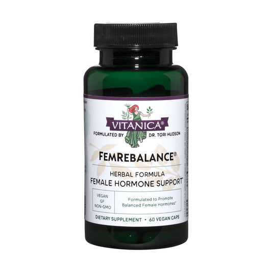 Vitanica FemRebalance bottle closeup showing herbal blend for hormonal balance.