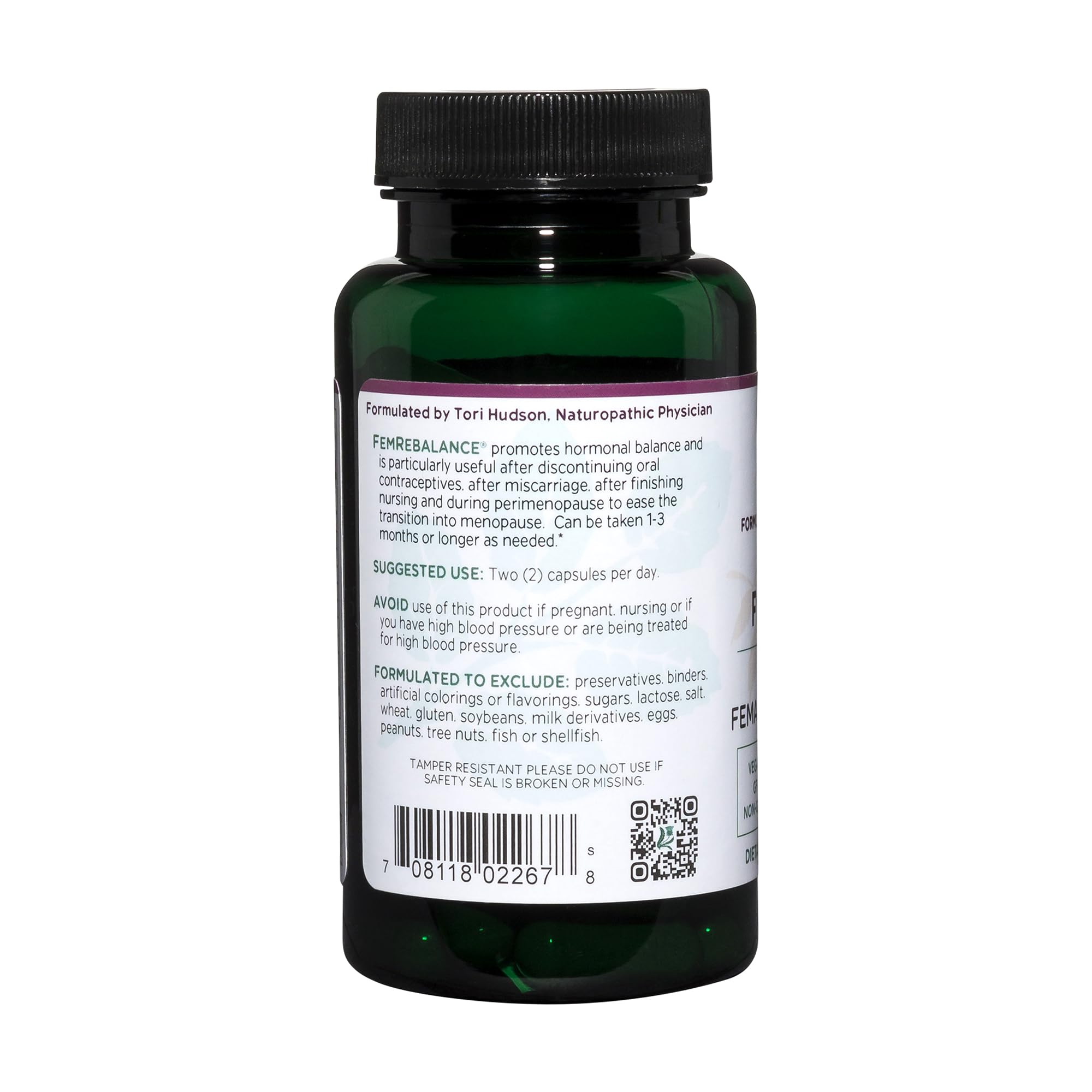 Vitanica FemRebalance bottle side view showcasing packaging and ingredients.