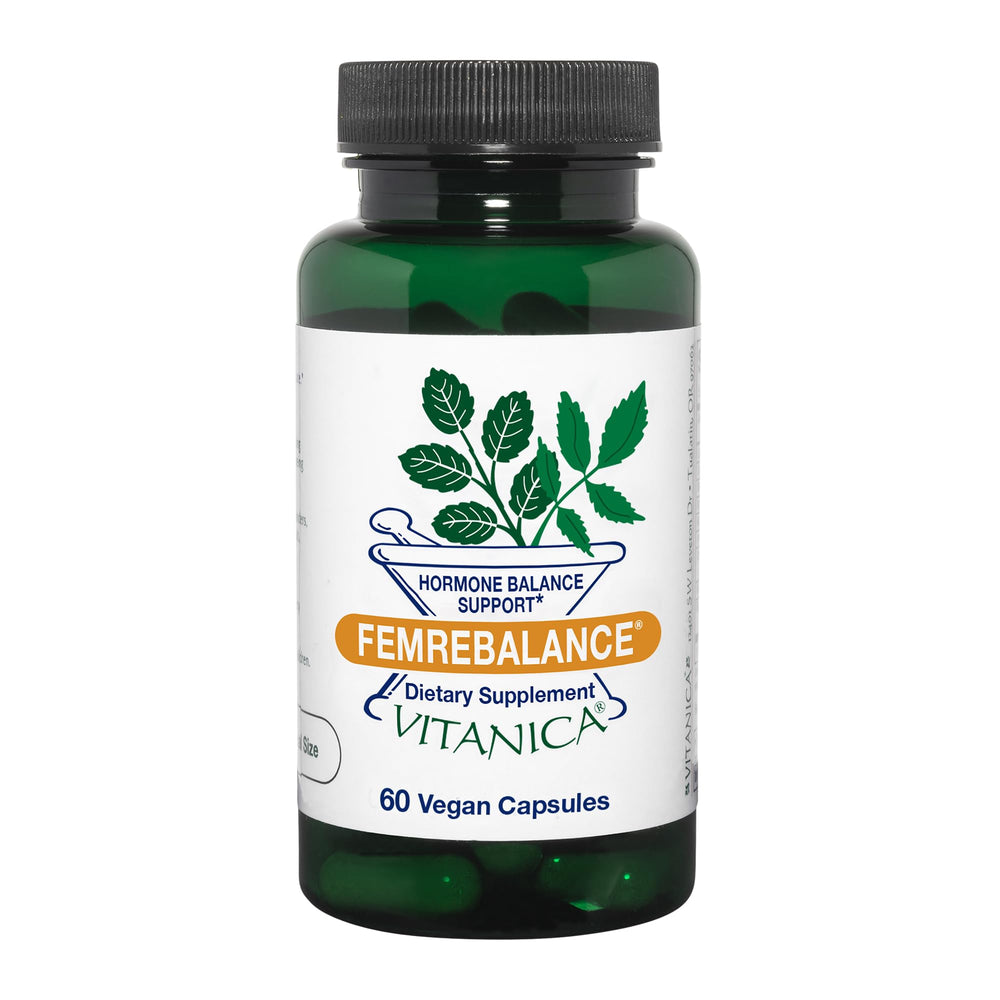 Vitanica FemRebalance bottle showing vegan hormone balance support for women