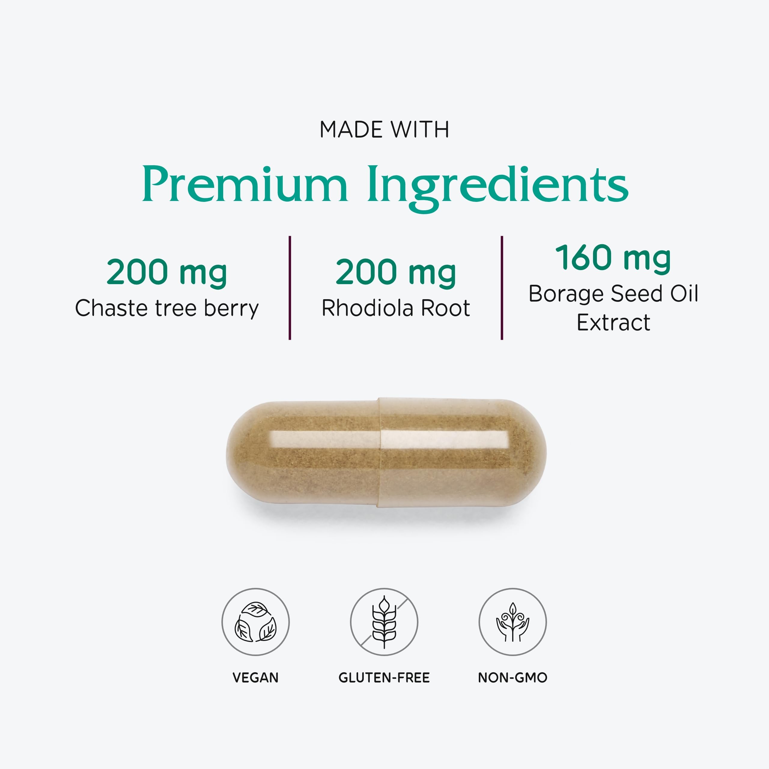 Vitanica FemRebalance label detail highlighting key botanicals for hormonal balance.