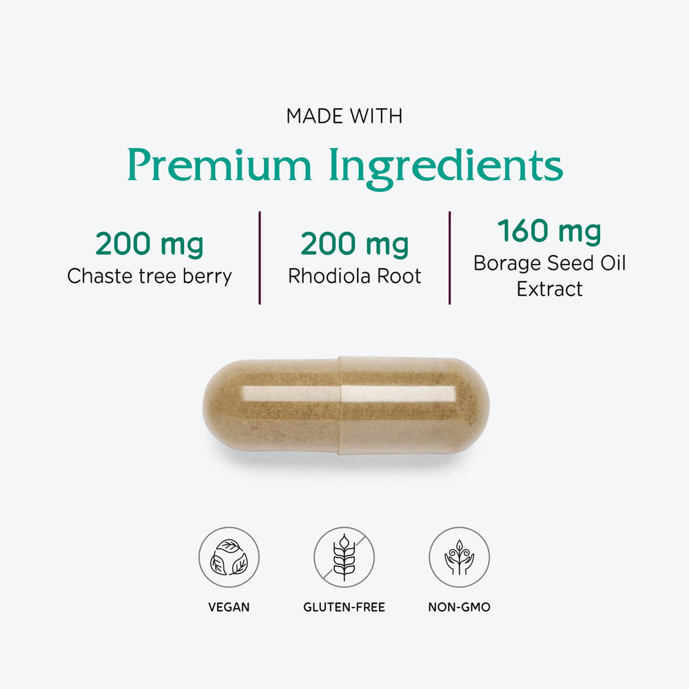 Vitanica FemRebalance label detail highlighting key botanicals for hormonal balance.