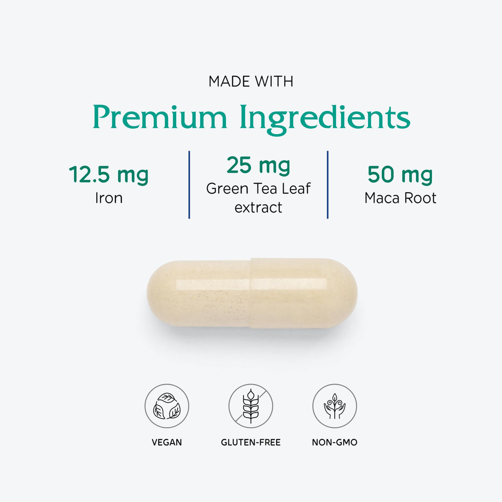 Vitanica FemTeen Symmetry ingredients close-up featuring DIM, green tea, maca for teens' daily nutrition.