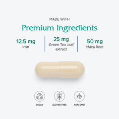 Vitanica FemTeen Symmetry ingredients close-up featuring DIM, green tea, maca for teens' daily nutrition.