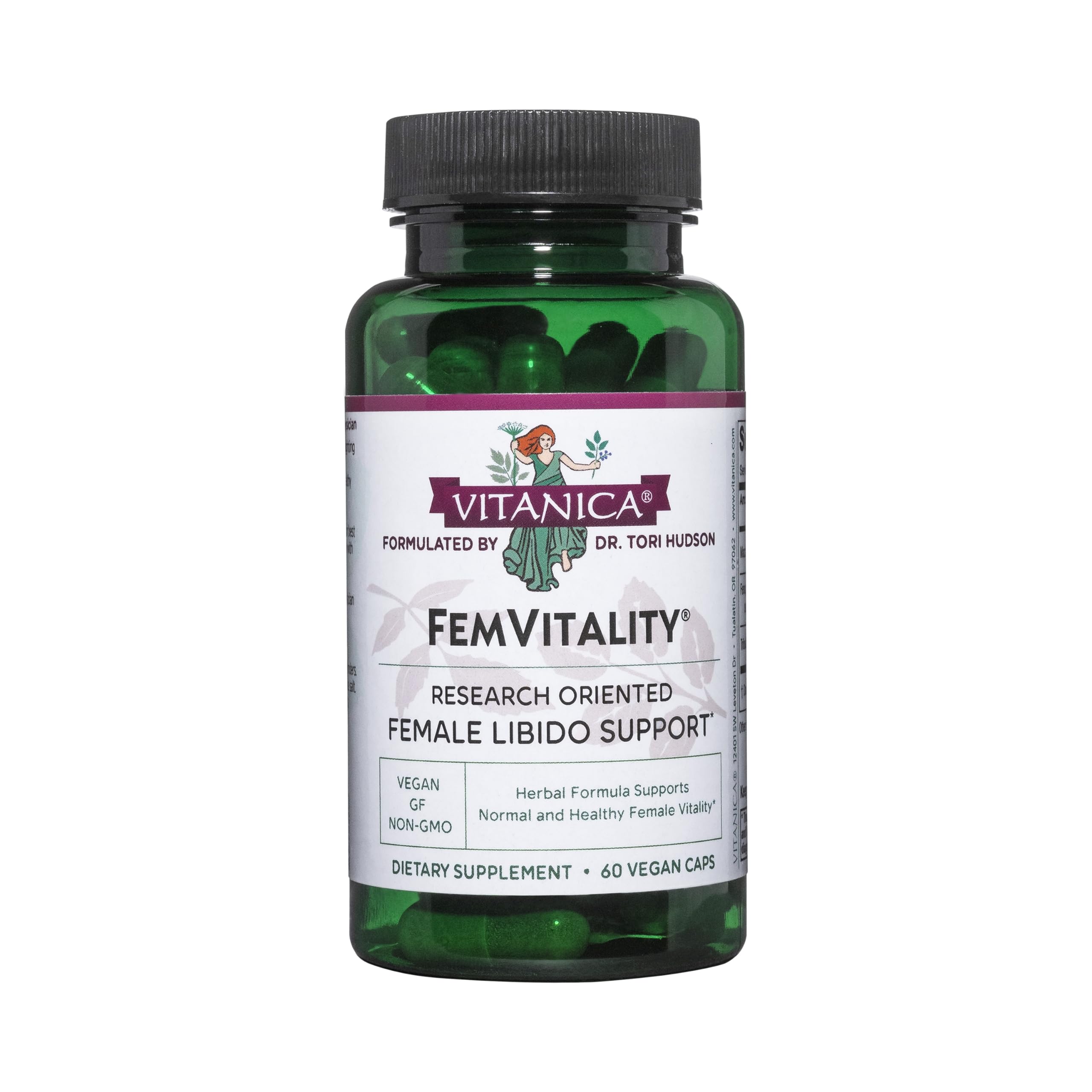 Vitanica FemVitality bottle label highlights premium ingredients for intimate wellness.