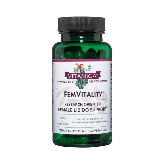 Vitanica FemVitality bottle label highlights premium ingredients for intimate wellness.