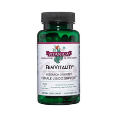Vitanica FemVitality bottle label highlights premium ingredients for intimate wellness.