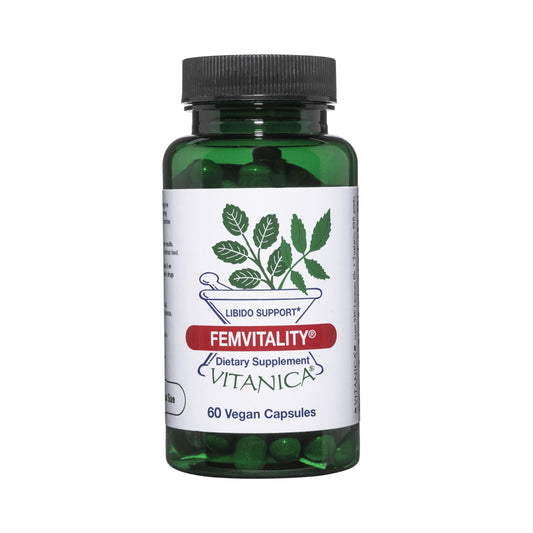 Vitanica FemVitality bottle displaying herbal blend for women’s libido support.
