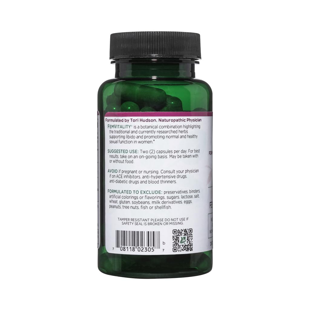Vitanica FemVitality ingredients blend emphasizes herbal support for energy and arousal comfort.