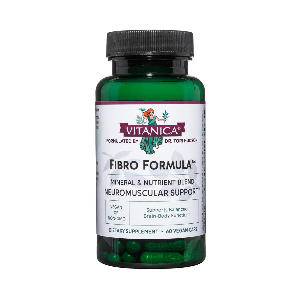 Vitanica Fibro Formula bottle front with vegan neuro-muscular support.
