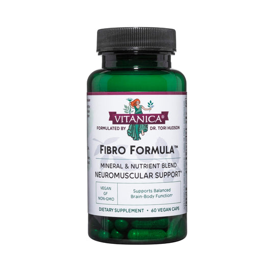Vitanica Fibro Formula bottle front with vegan neuro-muscular support.