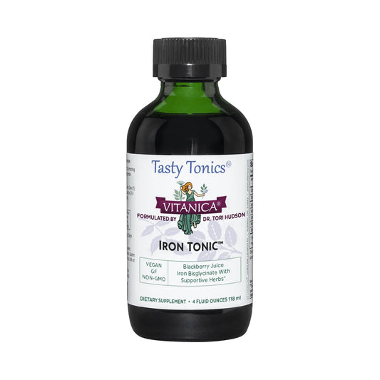 Vitanica Iron Tonic bottle with berry flavor ready for daily use.