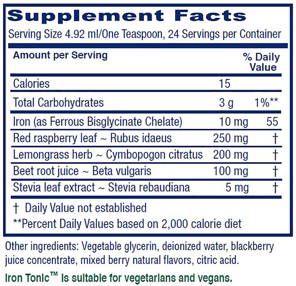 Vitanica Iron Tonic bottle pour showing easy daily dose