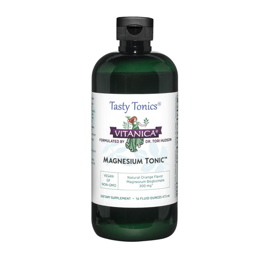 Vitanica Magnesium Tonic orange bottle pour for easy daily relaxation