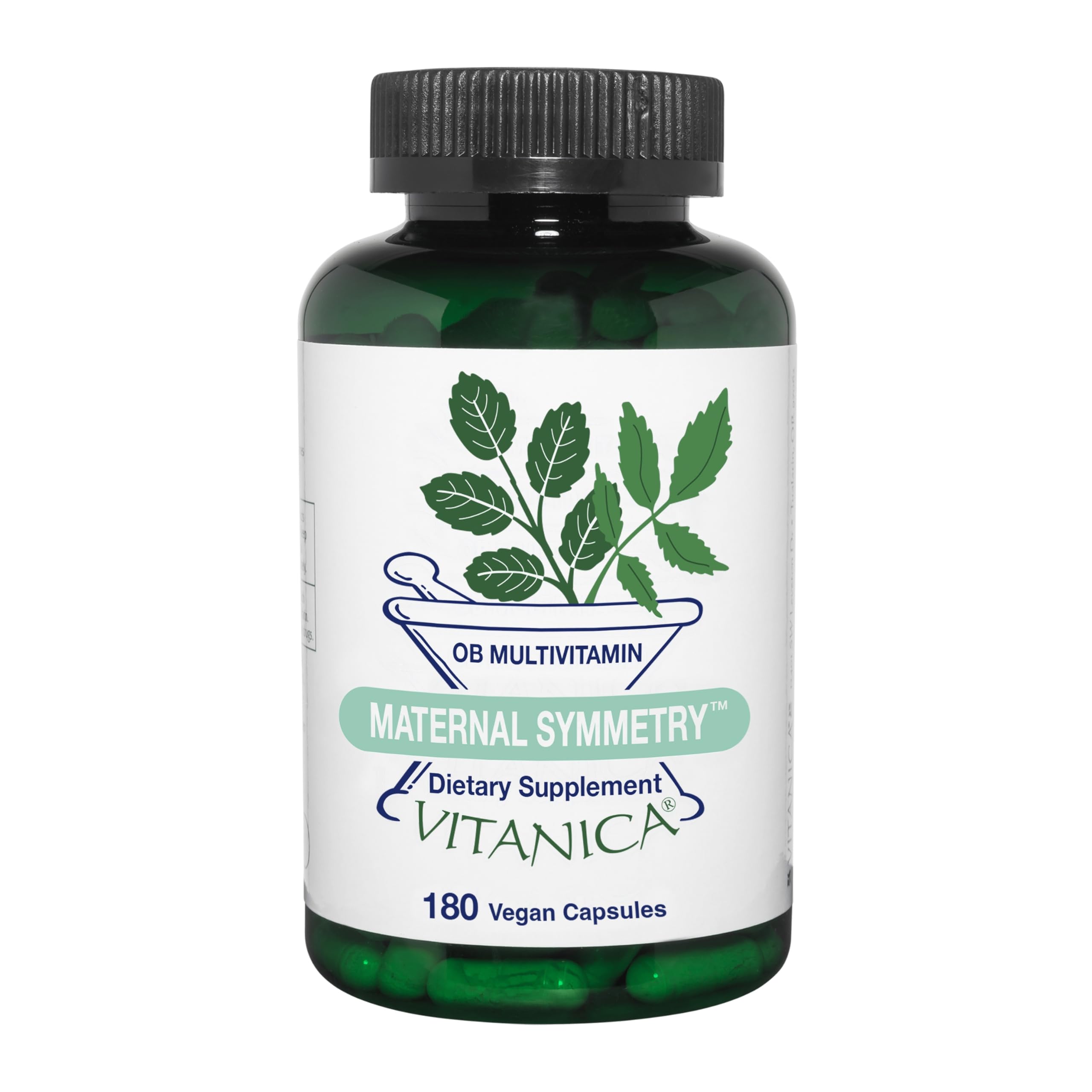 Vitanica Maternal Symmetry bottle front showing vegan prenatal support for pregnancy health