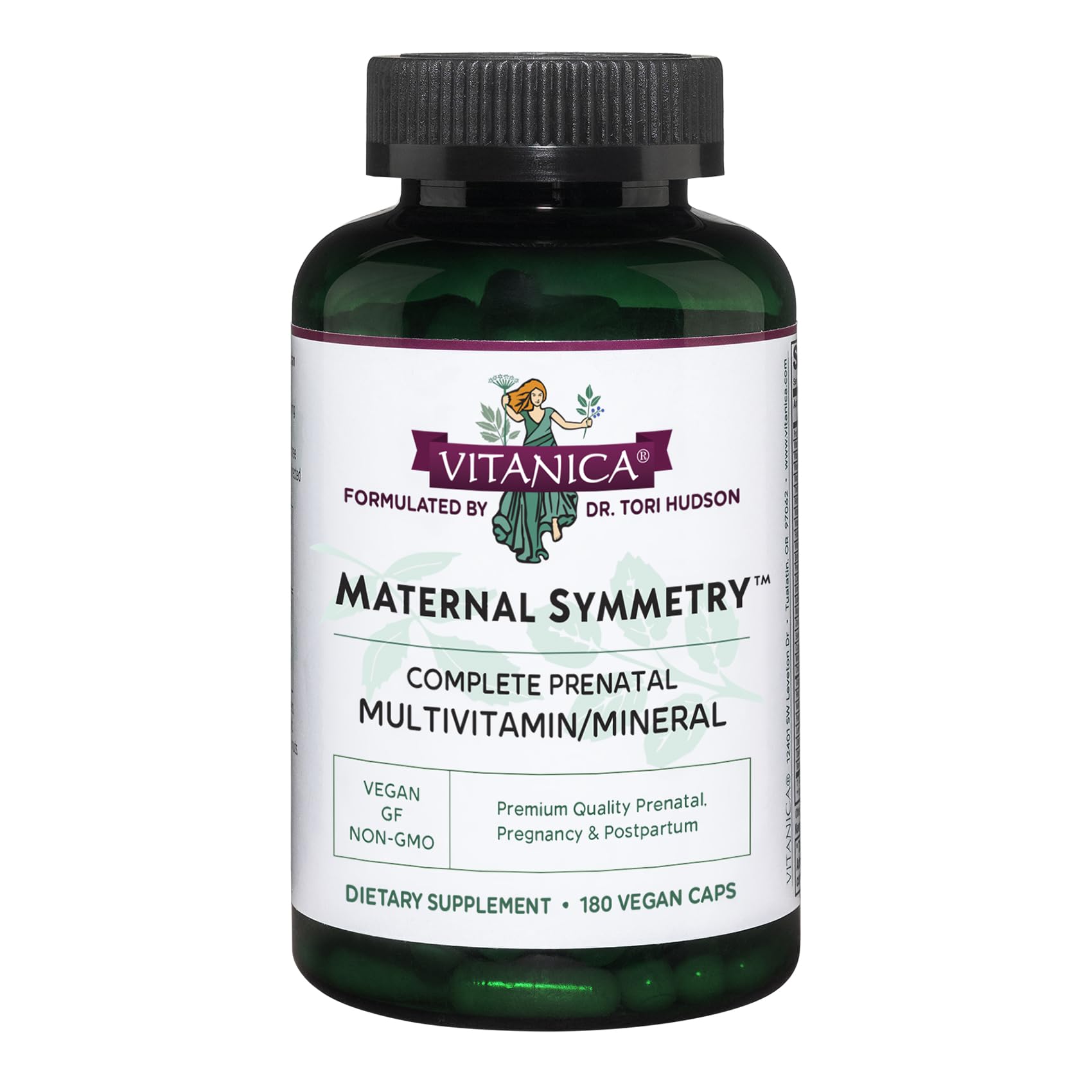 Vitanica Maternal Symmetry bottle front view highlighting vegan prenatal support