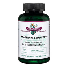 Vitanica Maternal Symmetry bottle front view highlighting vegan prenatal support