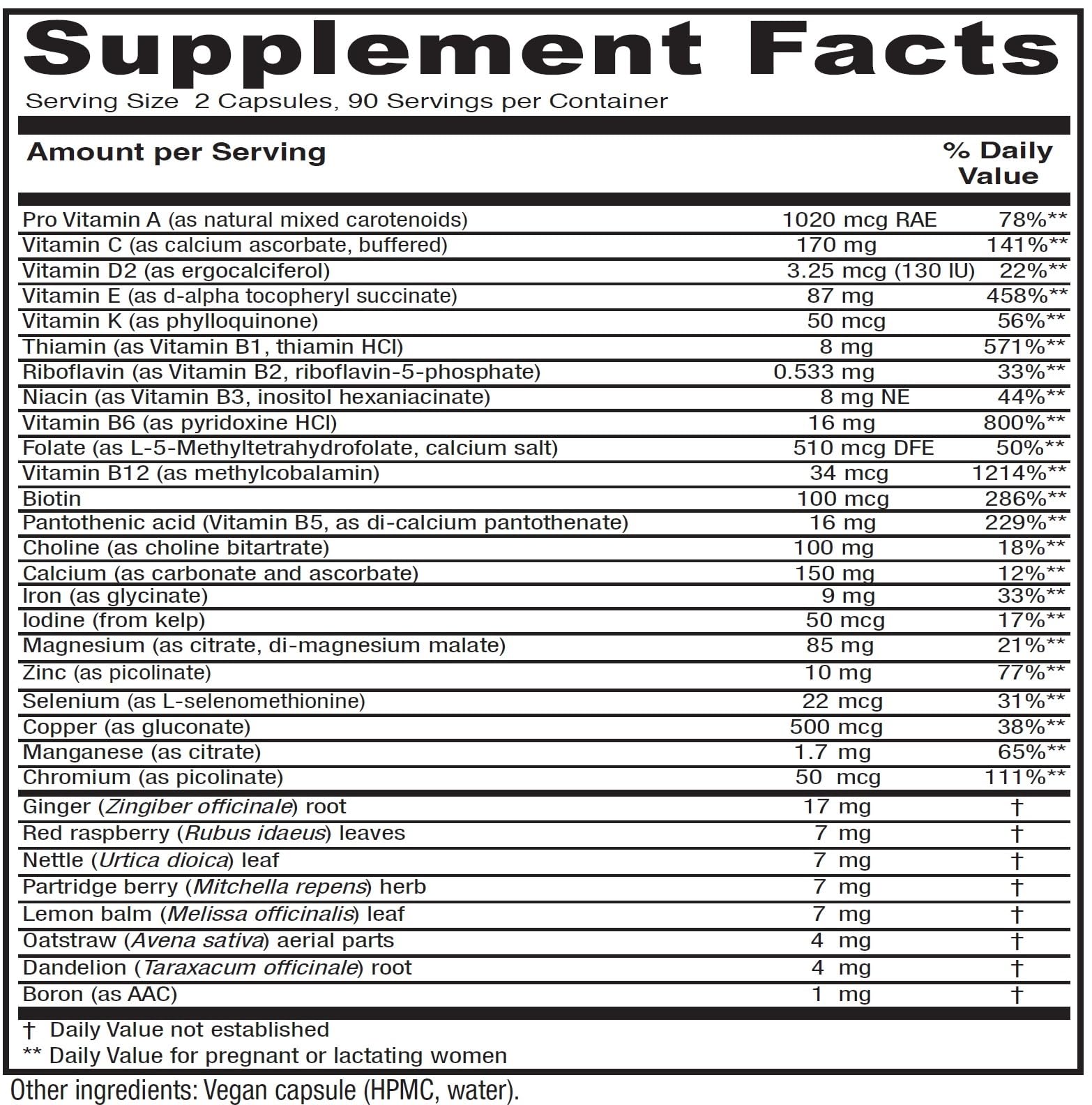 Vitanica Maternal Symmetry bottle side view with label for ingredient transparency