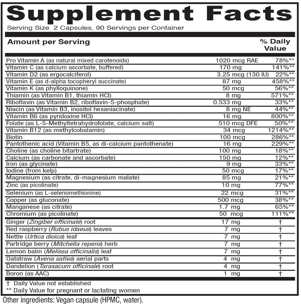 Vitanica Maternal Symmetry bottle side view with label for ingredient transparency