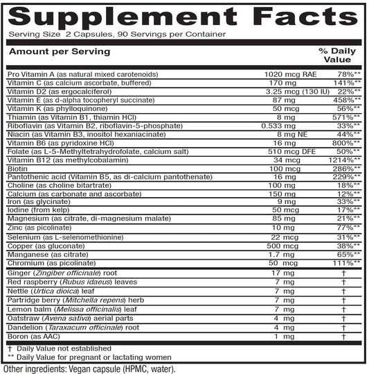 Vitanica Maternal Symmetry bottle side view with label for ingredient transparency