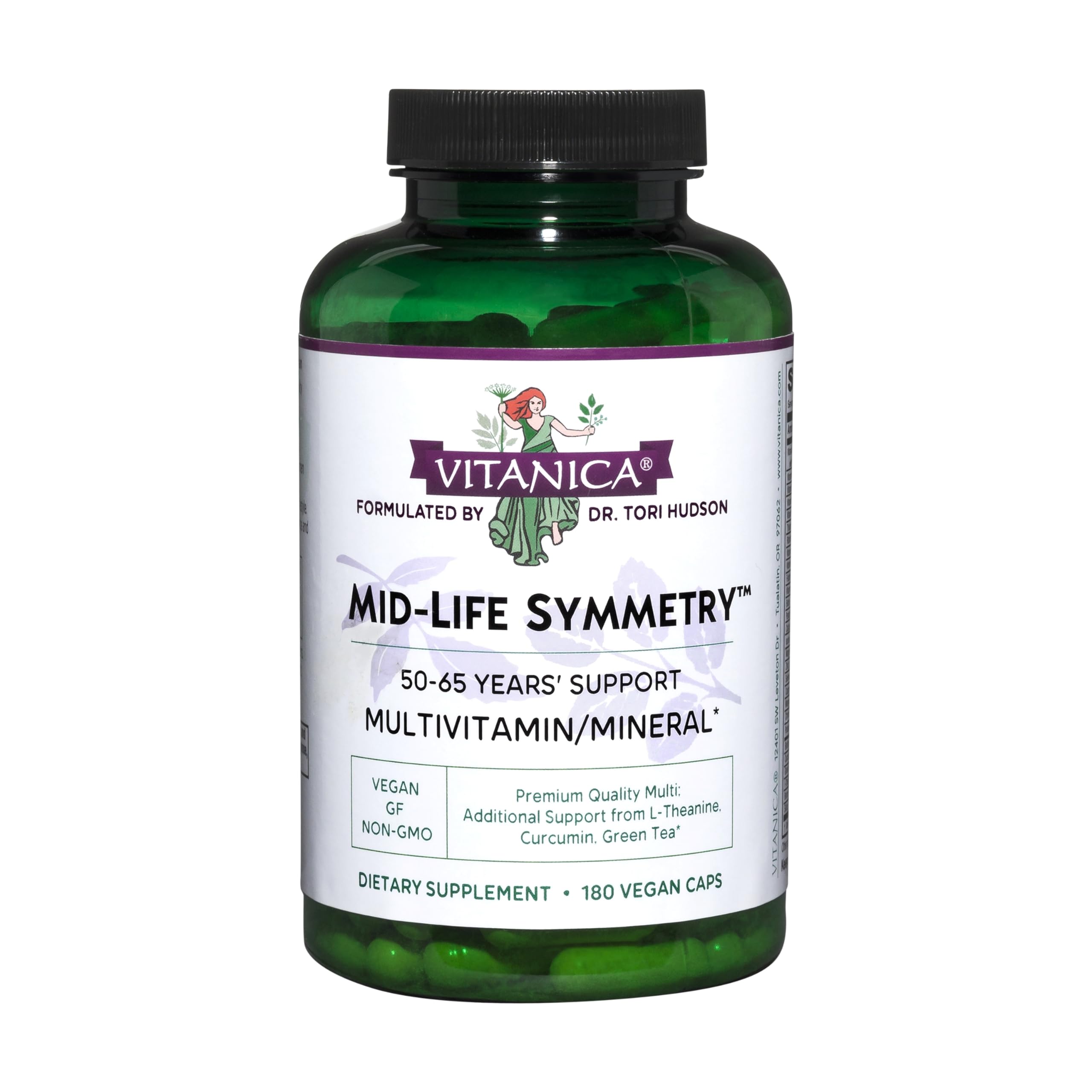 Vitanica Mid-Life Symmetry bottle front shows vegan multivitamin for menopause support