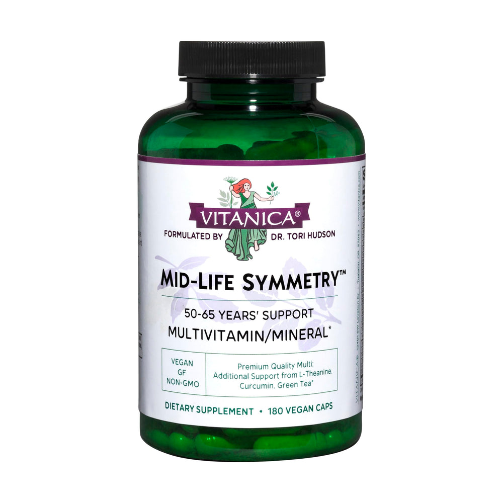 Vitanica Mid-Life Symmetry bottle front shows vegan multivitamin for menopause support