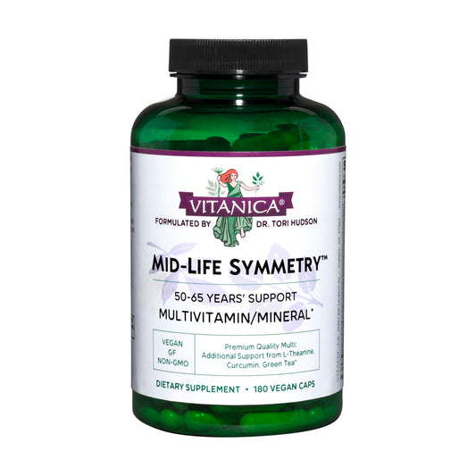 Vitanica Mid-Life Symmetry bottle front shows vegan multivitamin for menopause support