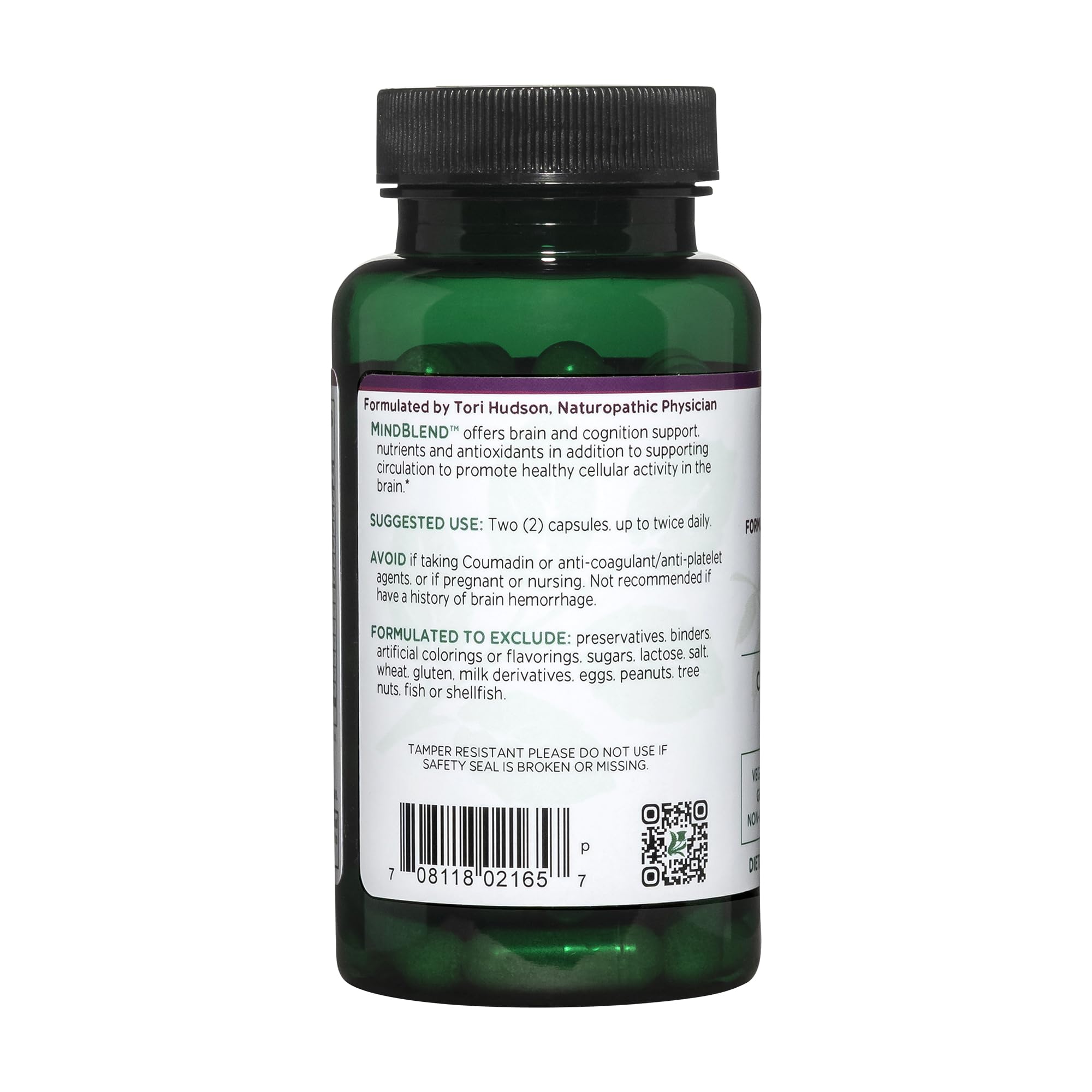 MindBlend capsules beside bottle label highlighting vegan-friendly brain support