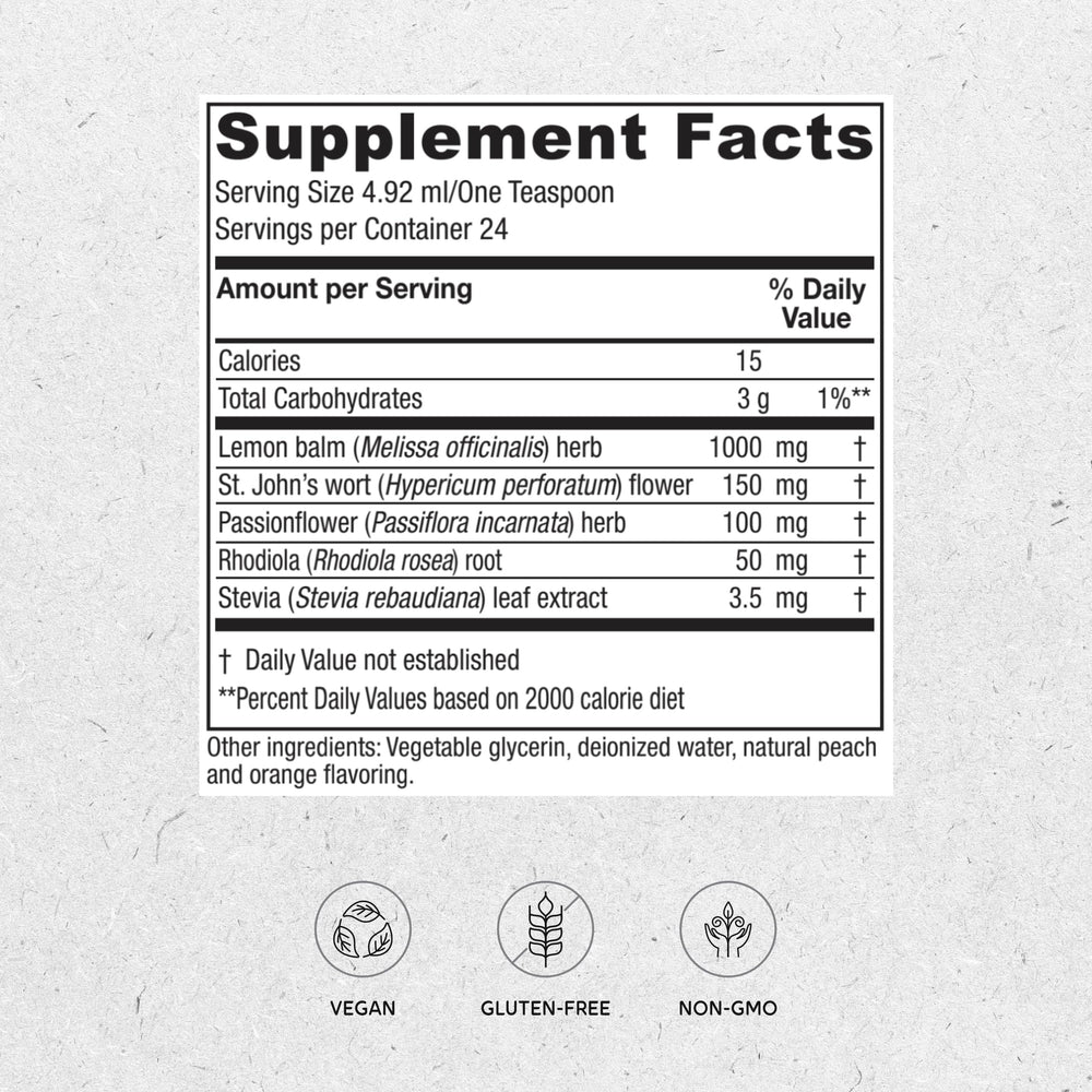 Vitanica Mood Tonic bottle-back label highlights ingredients for daily mood balance.