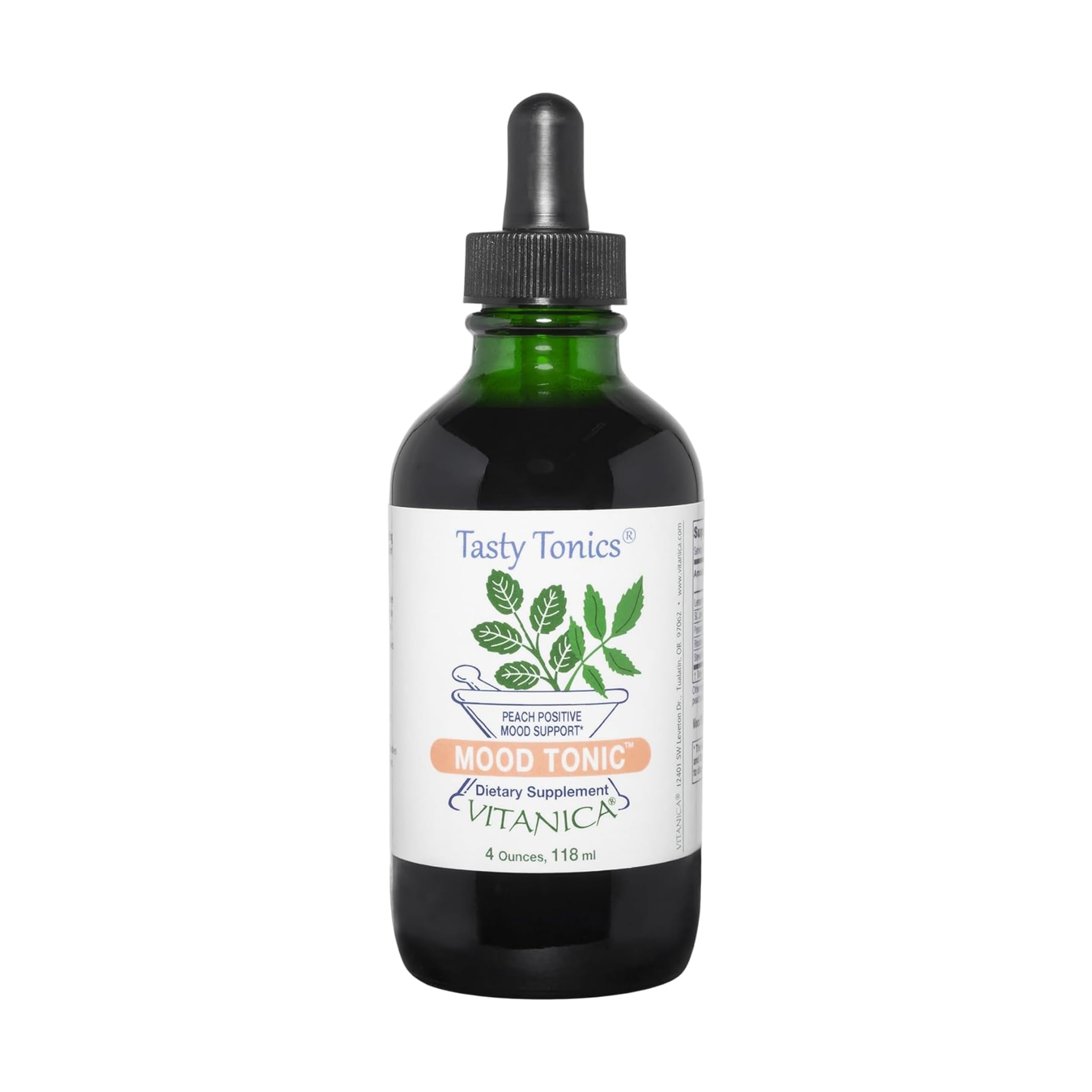 Vitanica Mood Tonic bottle front for daily mood support and peach flavor.