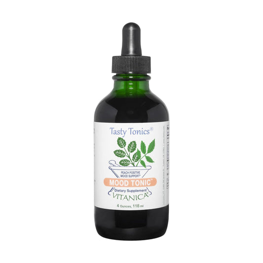 Vitanica Mood Tonic bottle front for daily mood support and peach flavor.