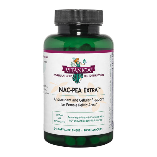 Vitanica NAC-PEA Extra bottle close-up showing vegan capsules for pelvic health support