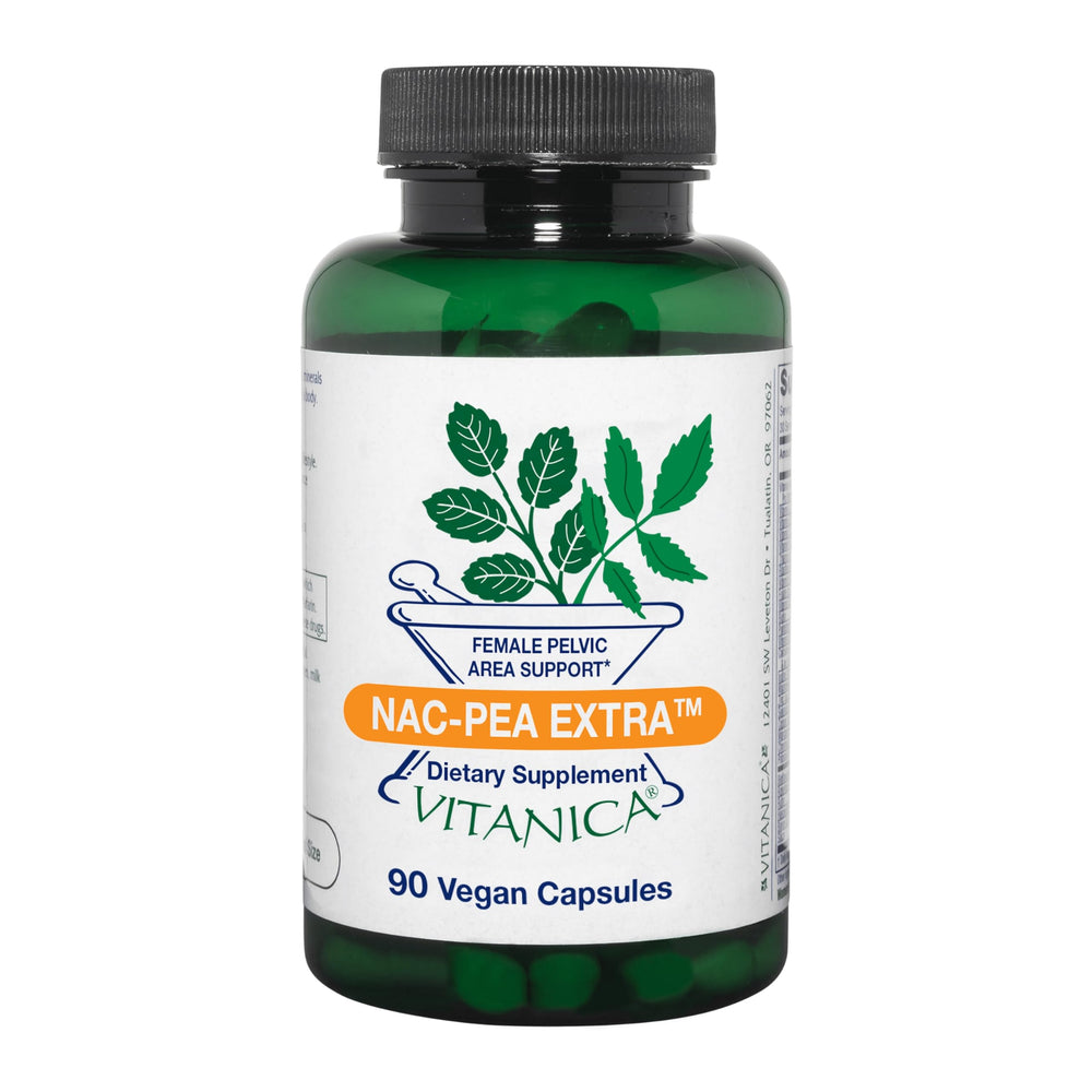 Vitanica NAC-PEA Extra bottle front showing pelvic health support in vegan capsules