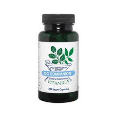 Vitanica OC Companion bottle closeup with vegan capsules for OC nutrient support