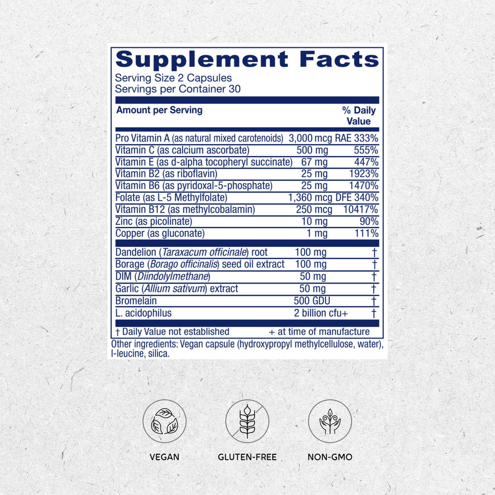 Vitanica OC Companion label closeup highlighting B vitamins and folate for OC care